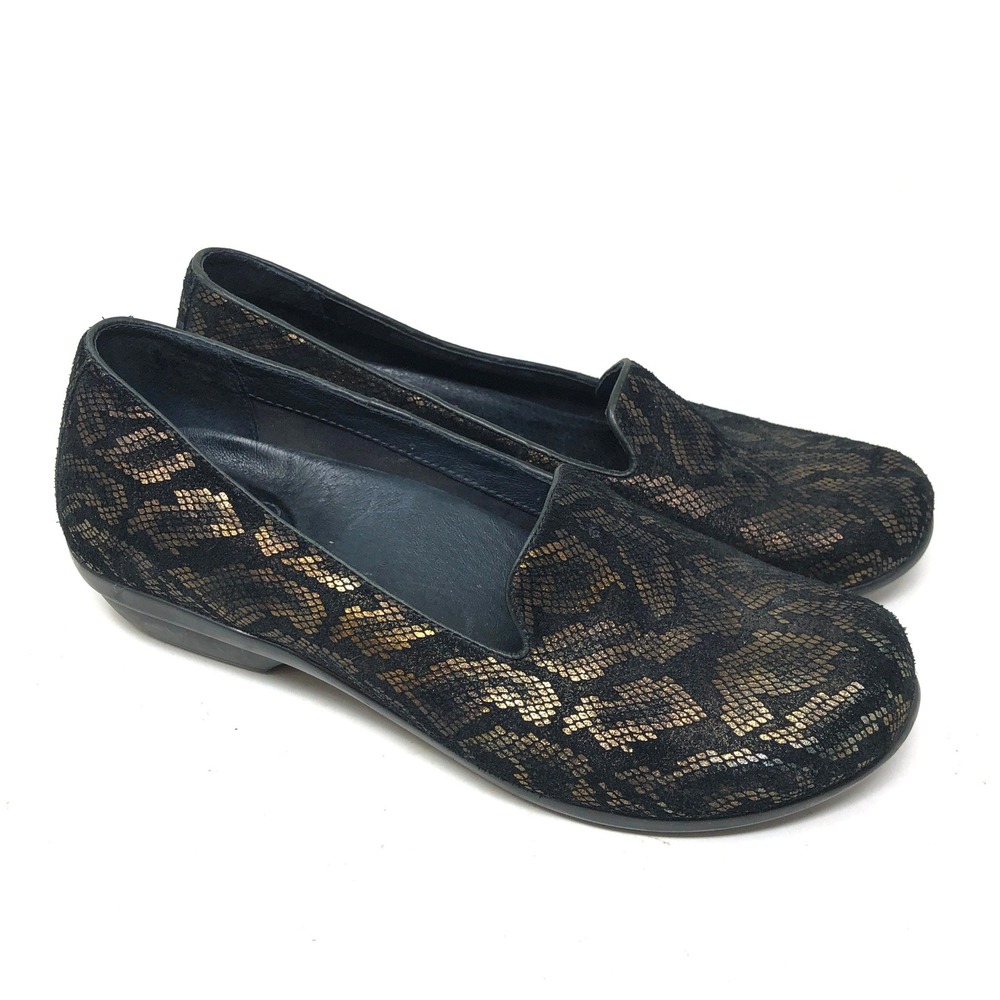 Dansko Womens 41 Olivia Loafer Black Gold Metallic Snake Print Comfort Shoe